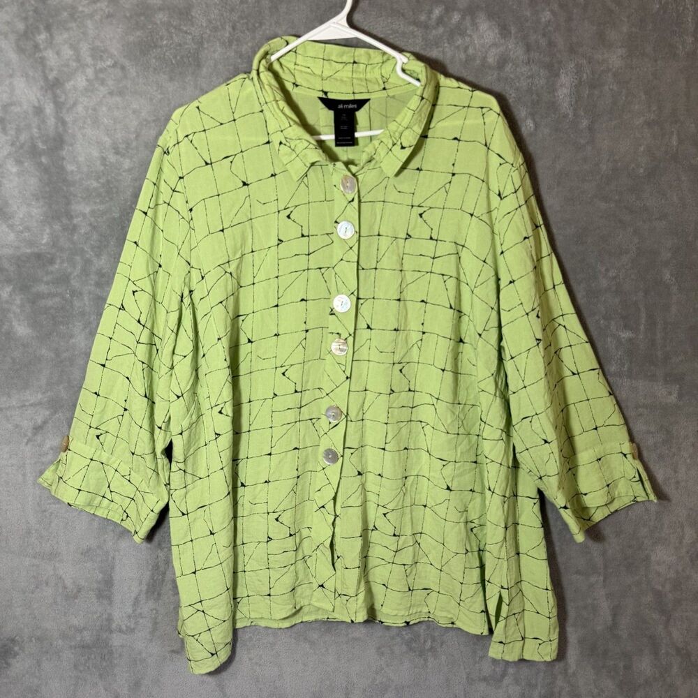 Ali Miles 2X Top Lime Green Black Abstract Grid Button Front Tunic Lagenlook